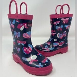 HATLEY: Blue Rain Boots with Colorful Butterflies, Size 10